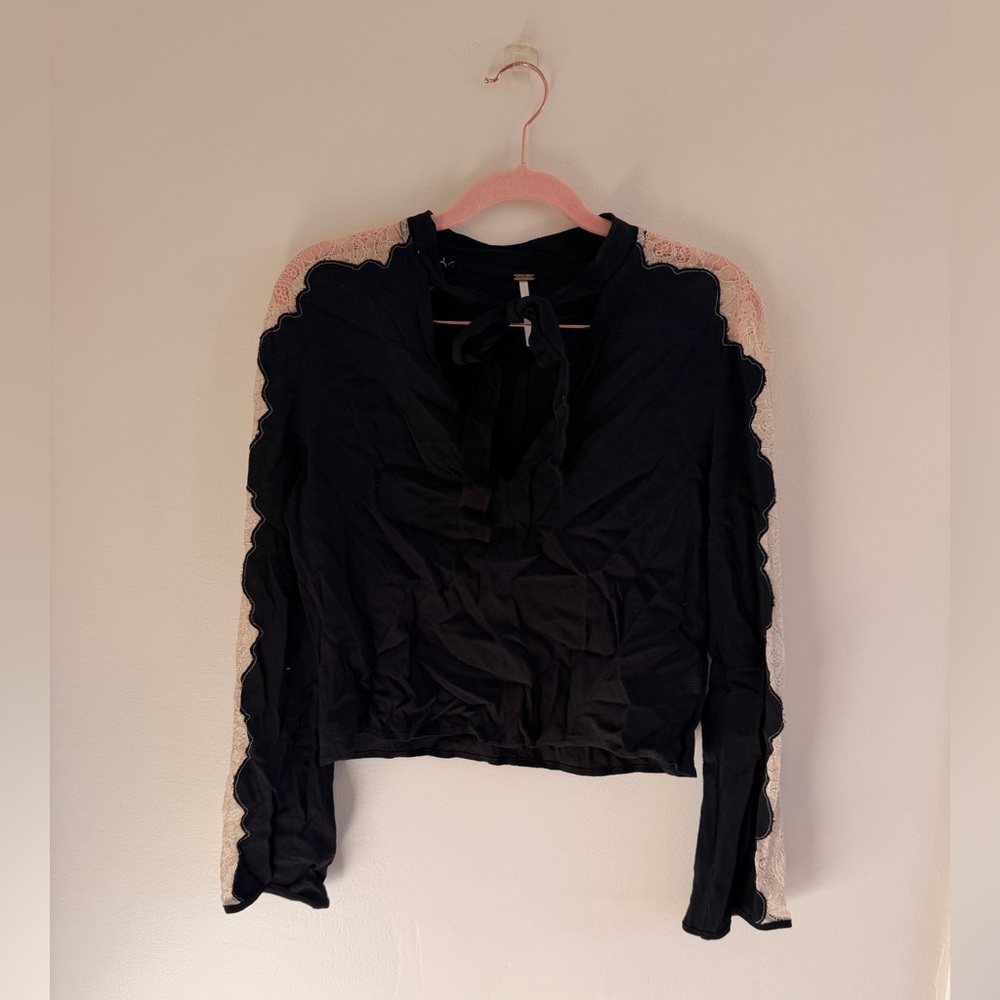 Free People Black Blouse with Lace Accents